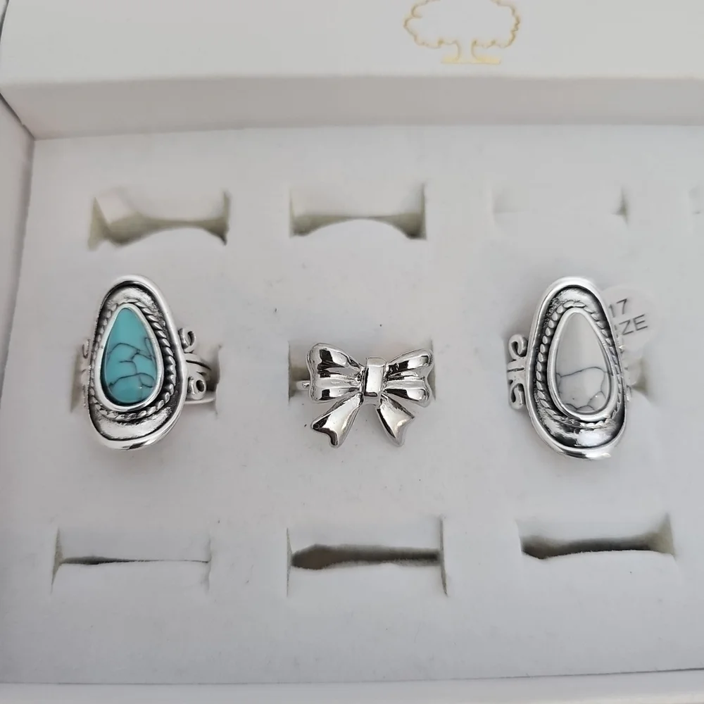 3pc Fashion Ring Set Silver Bow Blue Stone White Stone Country Girl Southwestern